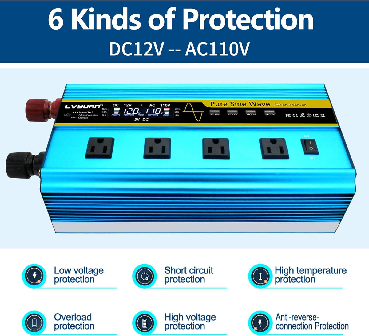 Pure Sine Wave Inverter 2500 Watt 12V to 110V DC to AC with Remote Controller LCD Display 4 AC Sockets 4 USB Charge Ports T525