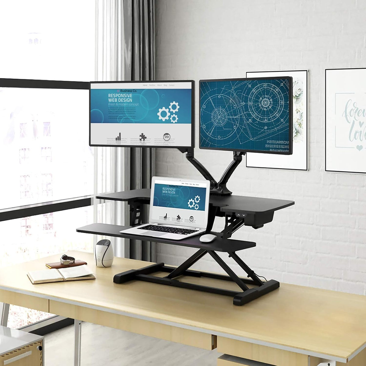 Motorized Standing Desk Converter 36" Wide Electric Stand up Desk Riser Black Height Adjustable Desk Y19128