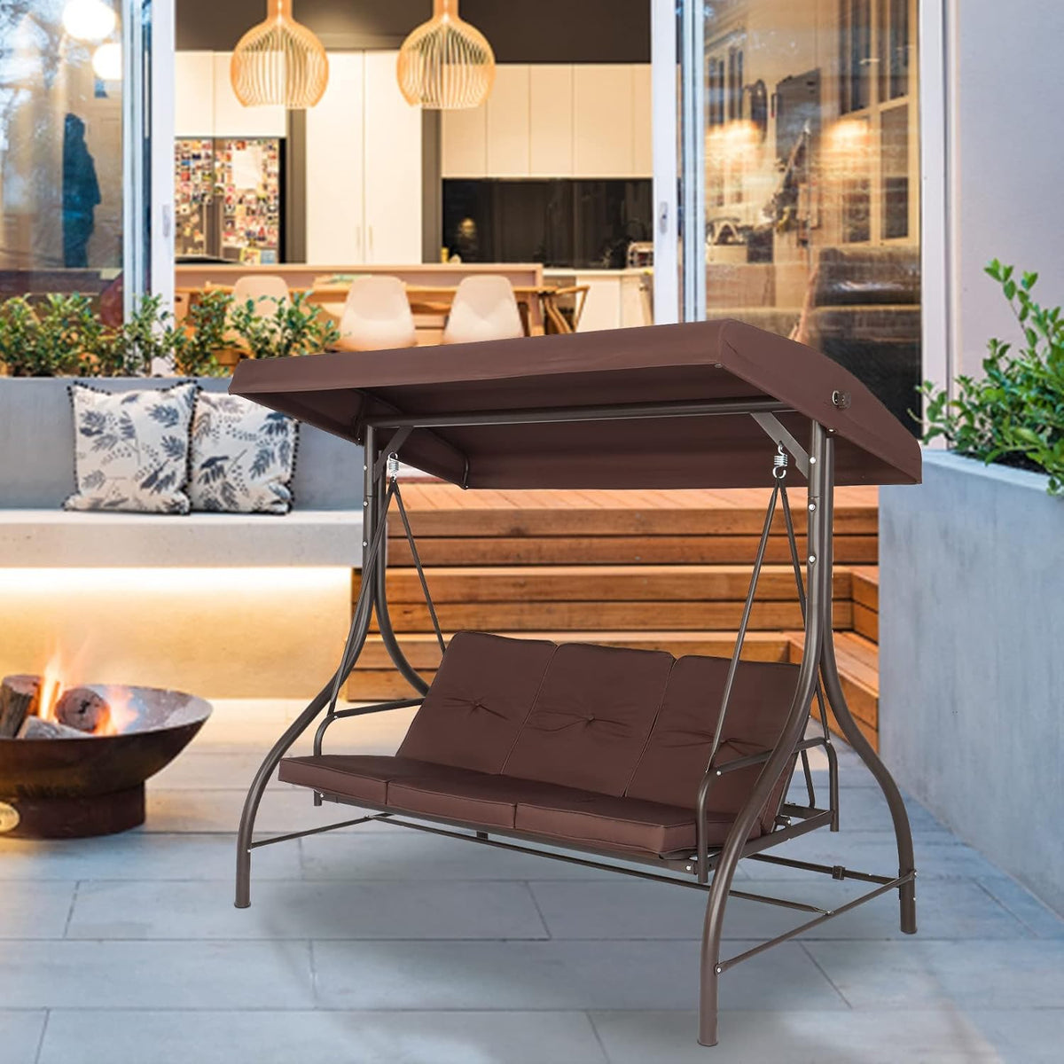 Steel Swing with Cushion and Canopy, 3-Seater Brown, 74.8''*47.24''*68.9'' O9383