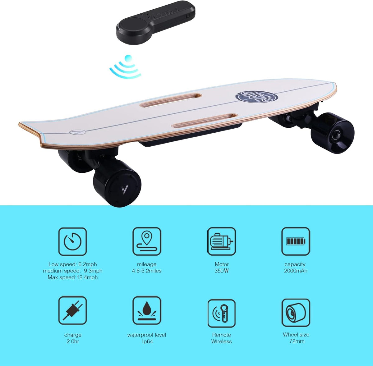 Electric Skateboard with Remote Control, 350W Hub-Motor, 13 MPH Top Speed, 5.5 Miles Range V7238