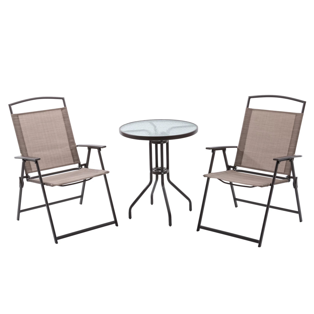 Metal Patio Bistro Table and Folding Chairs Set of 3 Brown F7646