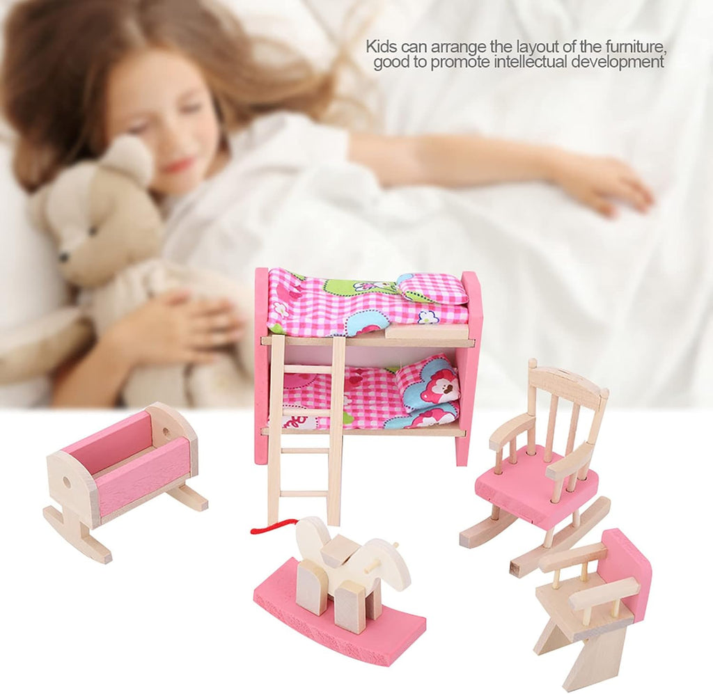 6 Different Rooms Wooden Dollhouse Furniture with Cushion and Towel J9705