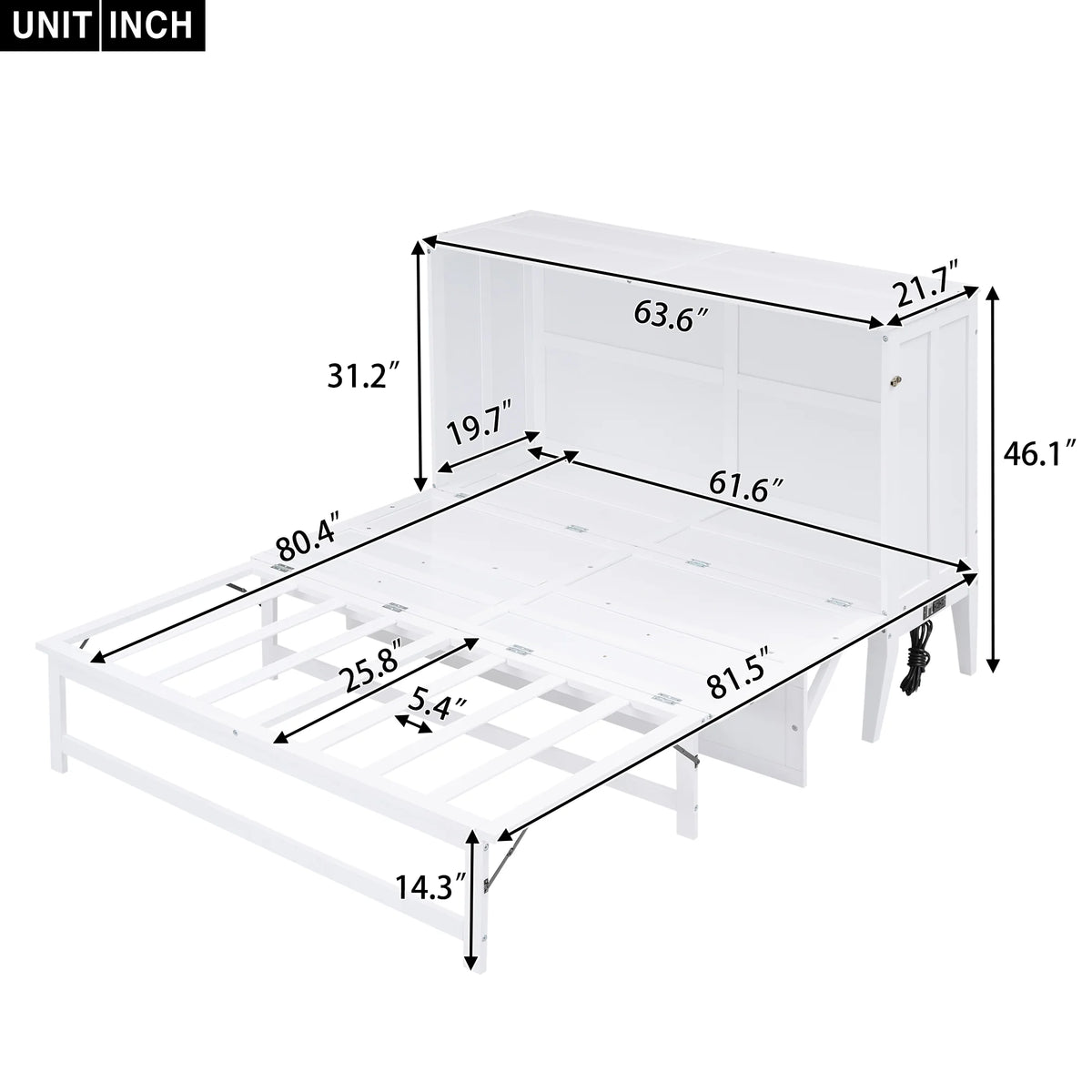 Queen Size Murphy Bed with Charging Station and Shelf, White K202