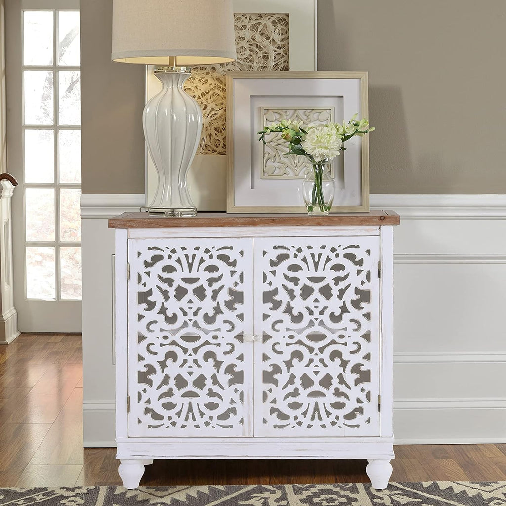 White Buffet & Sideboard Storage Cabinet with 2 Doors, Hollow Carved White B88000