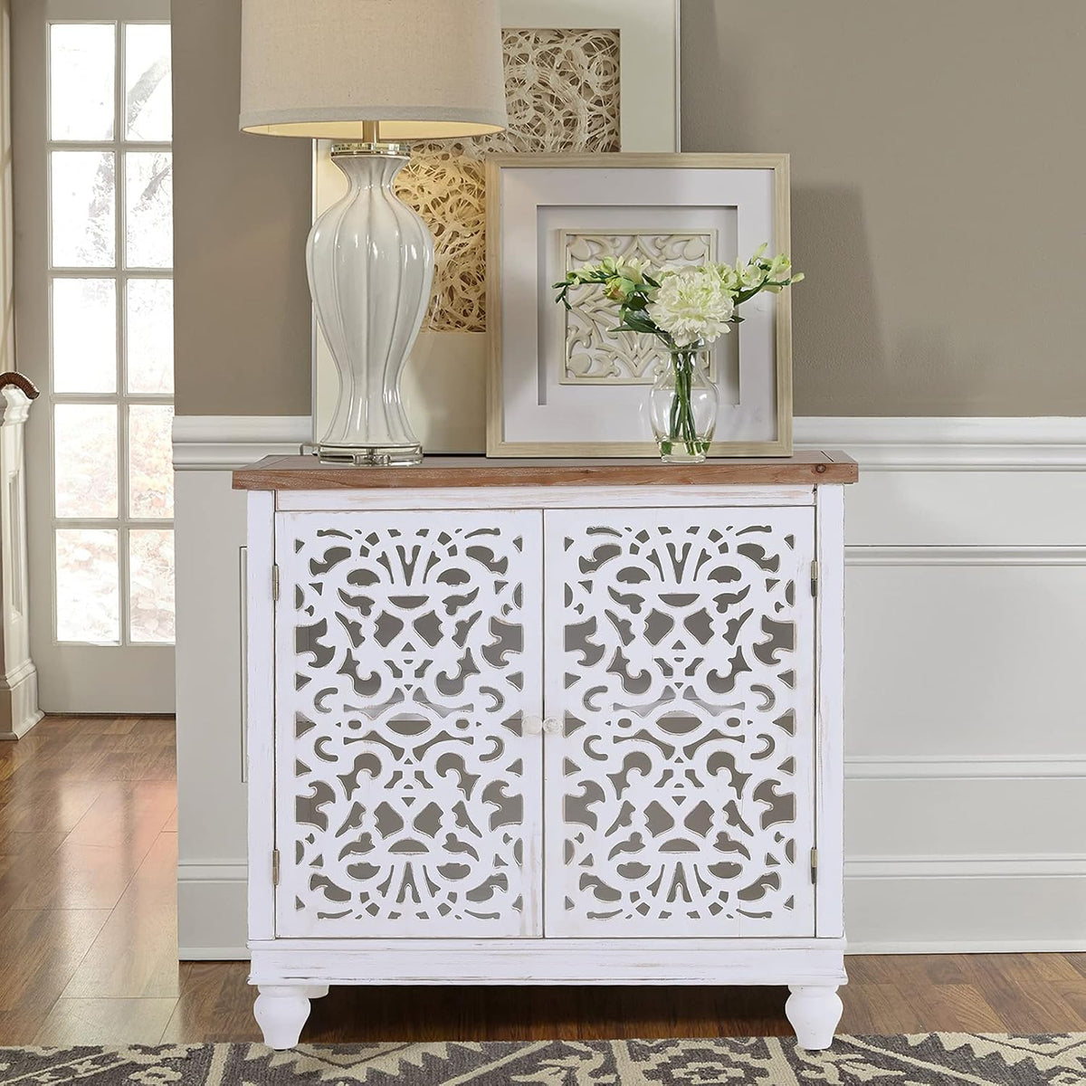 White Buffet & Sideboard Storage Cabinet with 2 Doors, Hollow Carved White B88000