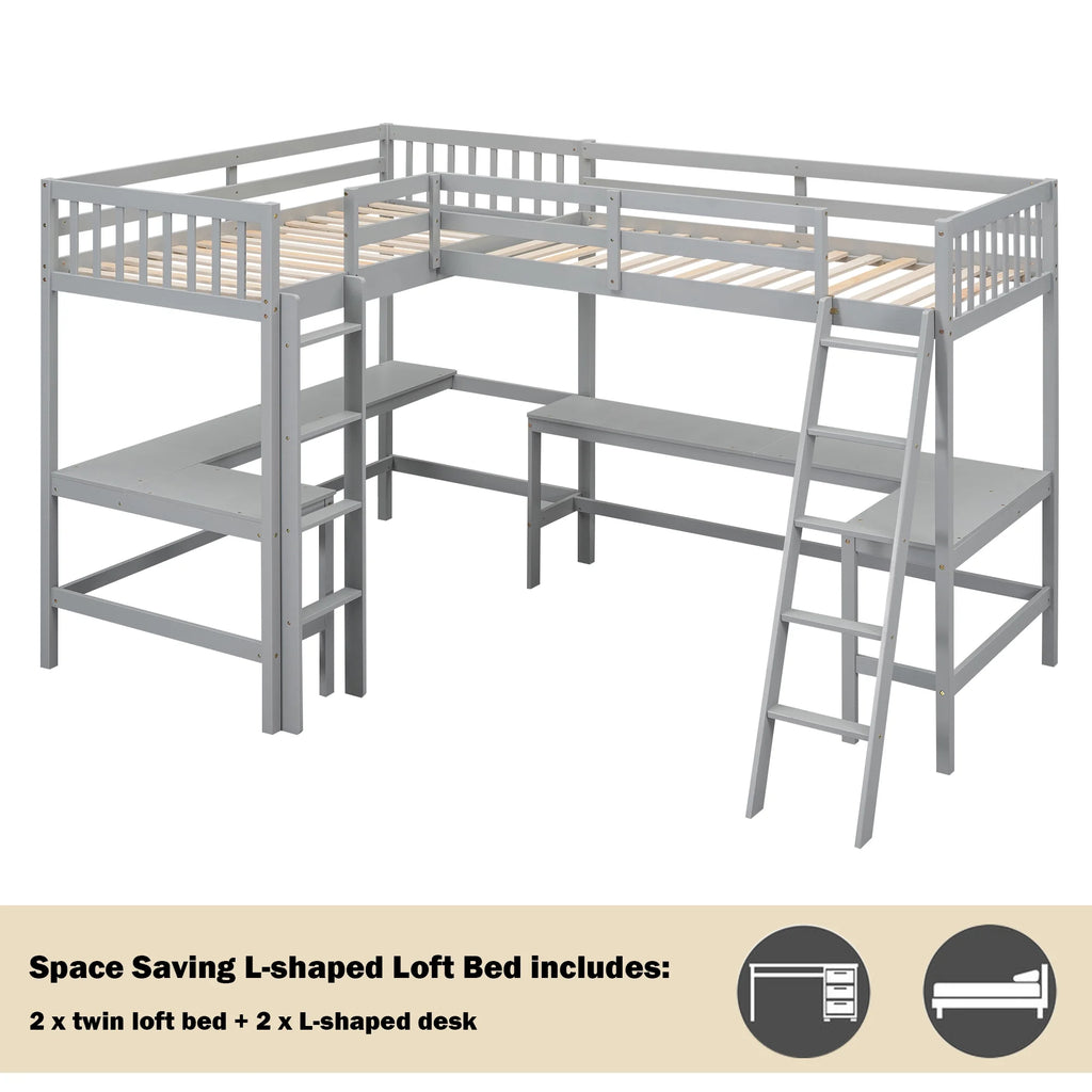 Twin Size L-Shaped Loft Bed with Desk, Ladder and Guardrails L68487