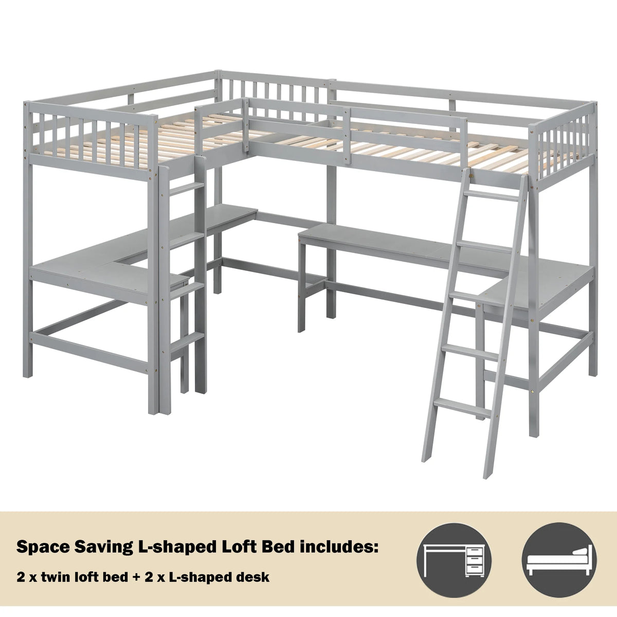 Twin Size L-Shaped Loft Bed with Desk, Ladder and Guardrails L68487
