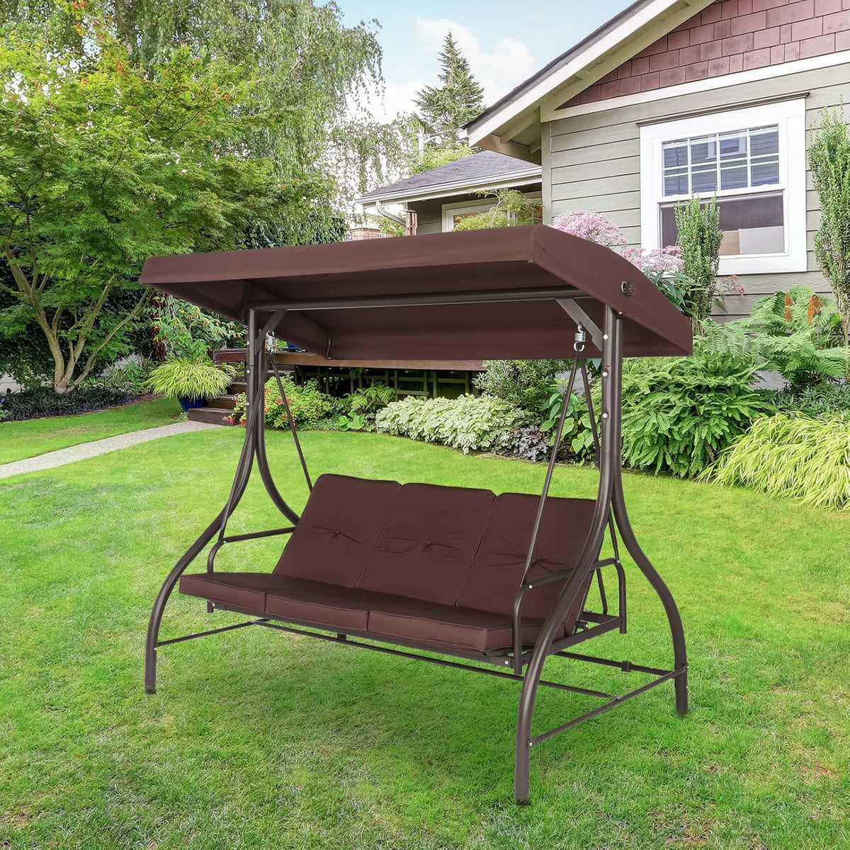 Steel Swing with Cushion and Canopy, 3-Seater Brown, 74.8''*47.24''*68.9'' O9383