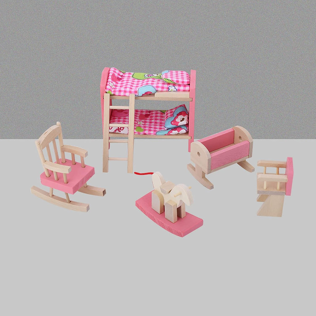 6 Different Rooms Wooden Dollhouse Furniture with Cushion and Towel J9705
