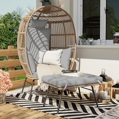 Oversized Grey Wicker Egg Chair with Ottoman W54131