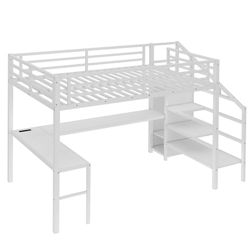 Full Size Black Metal Loft Bed with Desk and Wardrobe D76634