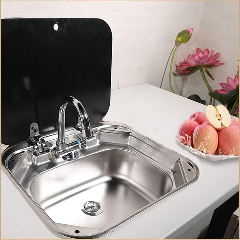 Stainless Steel RV Sink with Folded Faucet Tempered Glass Lid H6444