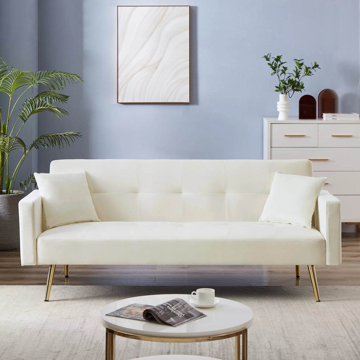 Cream White Velvet Convertible Futon Sofa Bed G9850