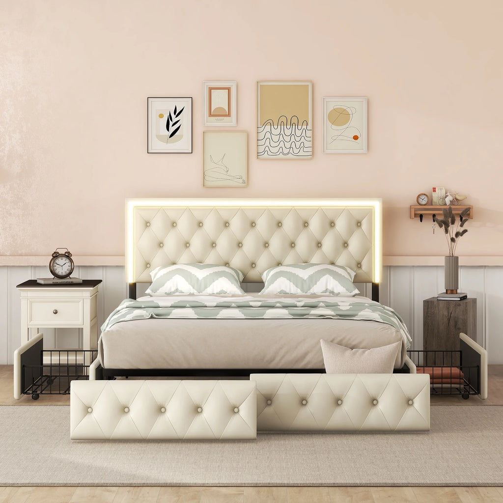 Queen Upholstered Bed Frame with 4 Storage Drawers Q2646