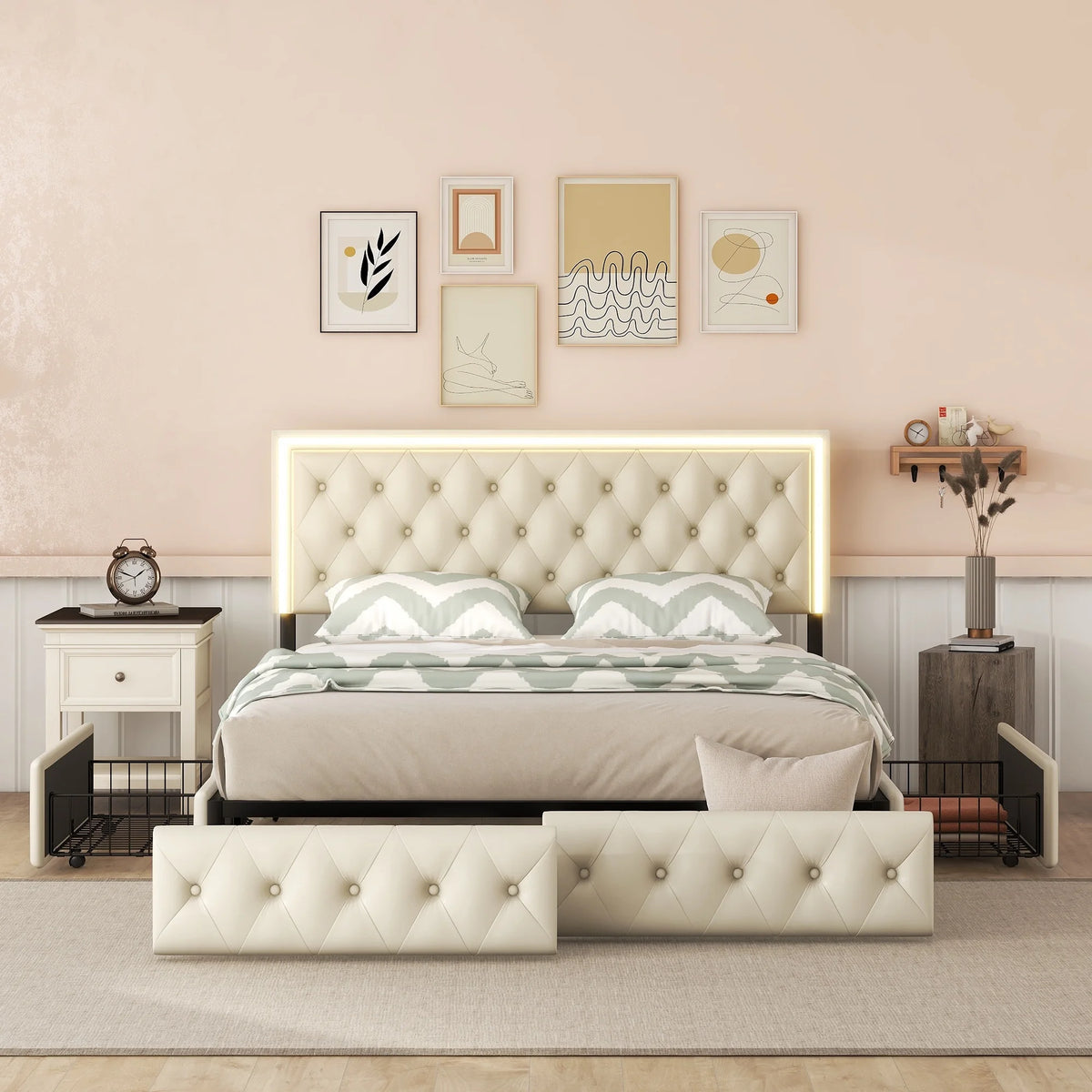 Queen Upholstered Bed Frame with 4 Storage Drawers Q2646