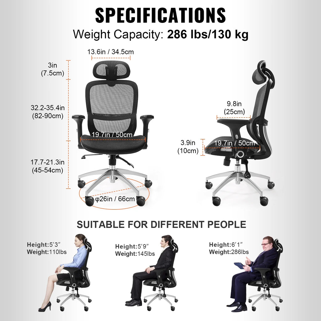 Ergonomic Mesh Office Chair with Lumbar and Head Support S510
