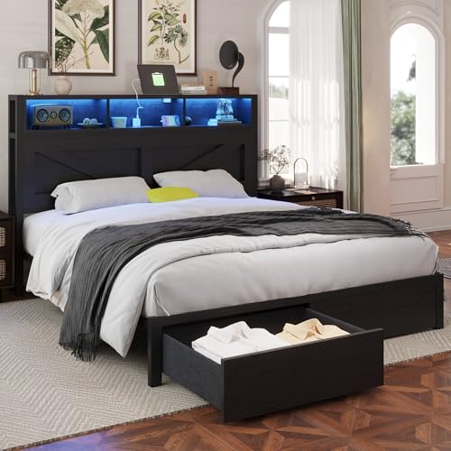 Rustic Brown Full Bed Frame with Bookcase Headboard and Storage Drawers Y2739