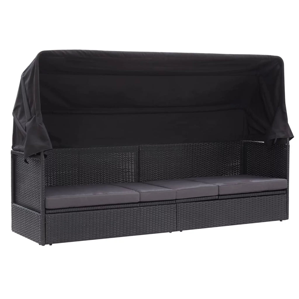 Black Poly Rattan Sun Lounger with Canopy and Cushion X38991