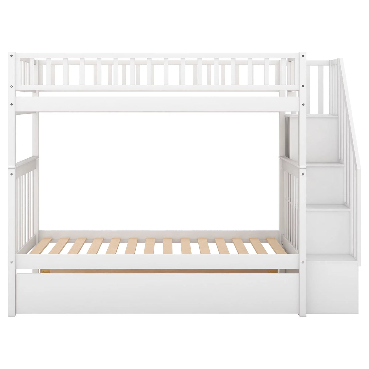 White Wood Twin over Twin Bunk Bed with Trundle and Storage Stairs G9281