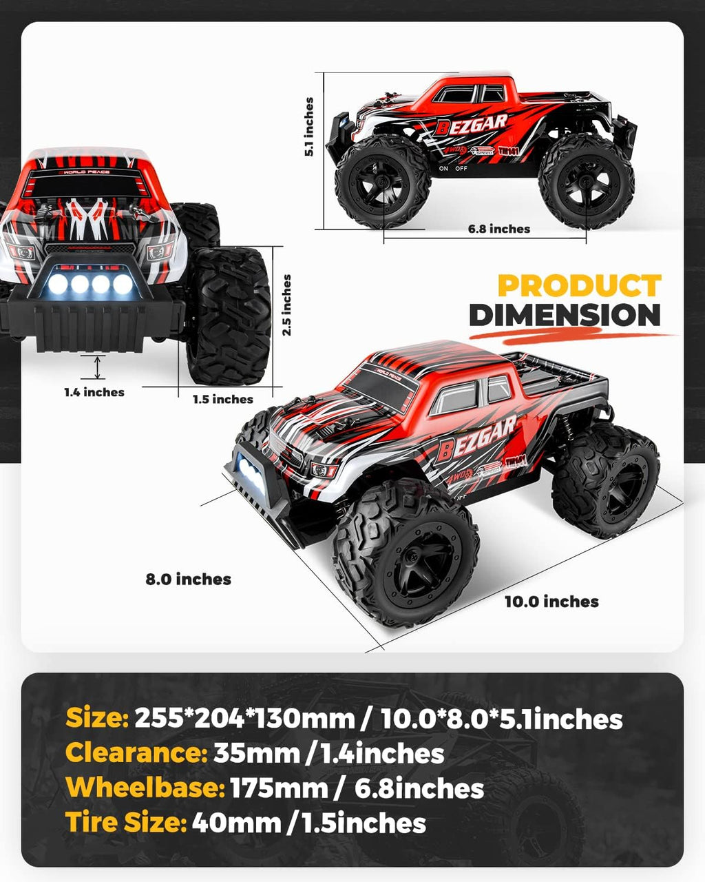 1:14 Scale Remote Control Car, 4WD Electric Toy Off Road RC Monster Truck with Two Rechargeable Batteries J179