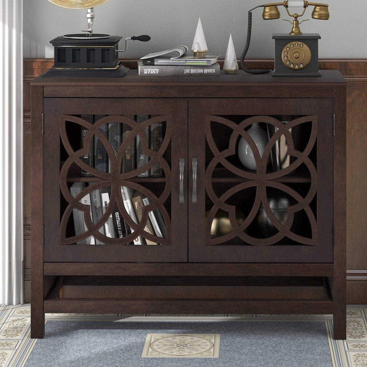 Brown Navy Blue Wood Accent Sideboard Storage Cabinet with Doors J428