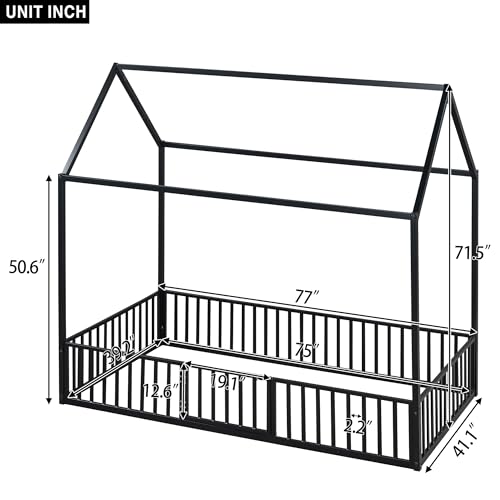 Full Floor Bed with Door and Fence, Metal Montessori Bed Full Size, White F9926