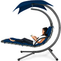 Hanging Curved Chaise Lounge Chair Swing with Pillow, Shade, Stand Navy Blue U9659