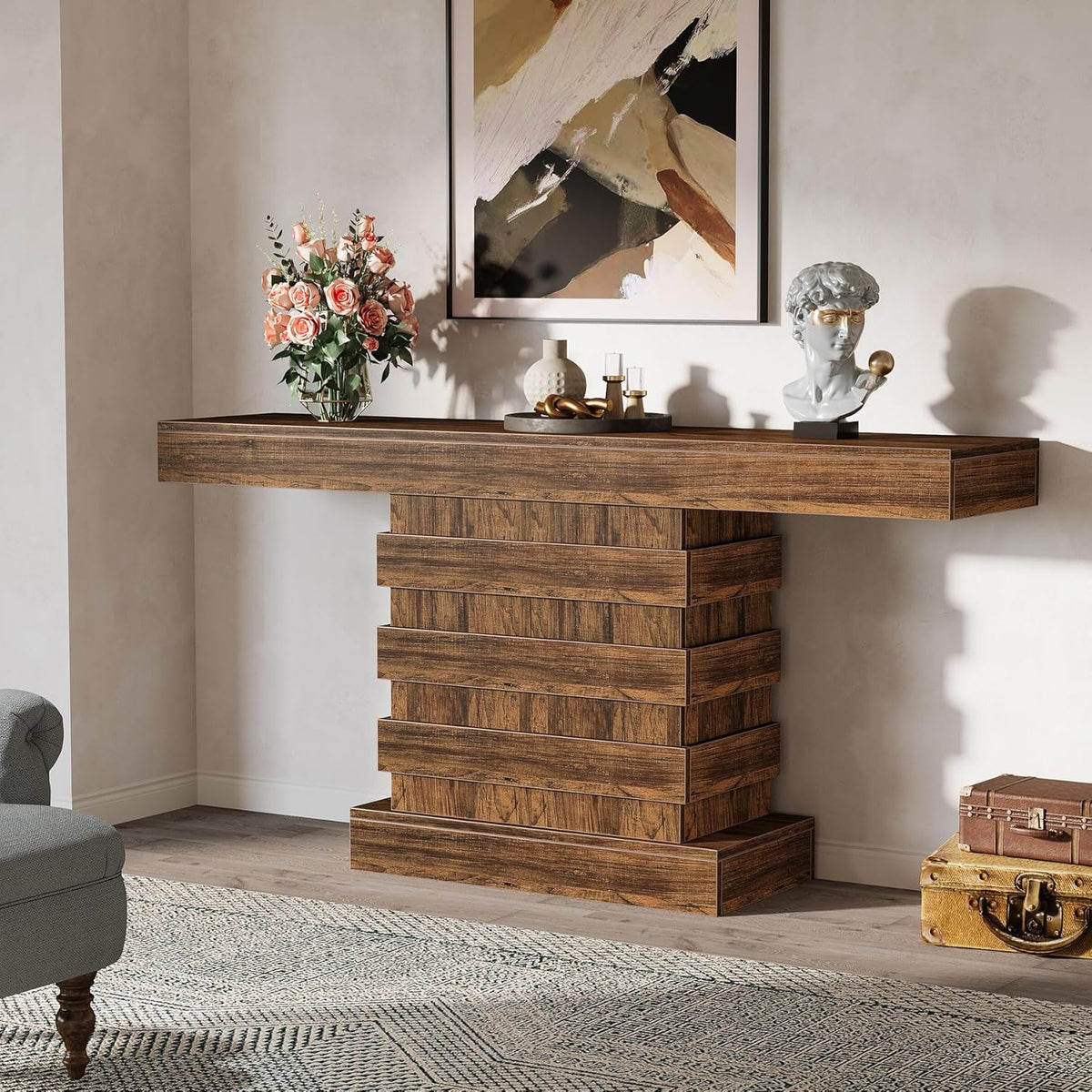 Rustic Brown 63-Inch Long Wooden Console Table V969