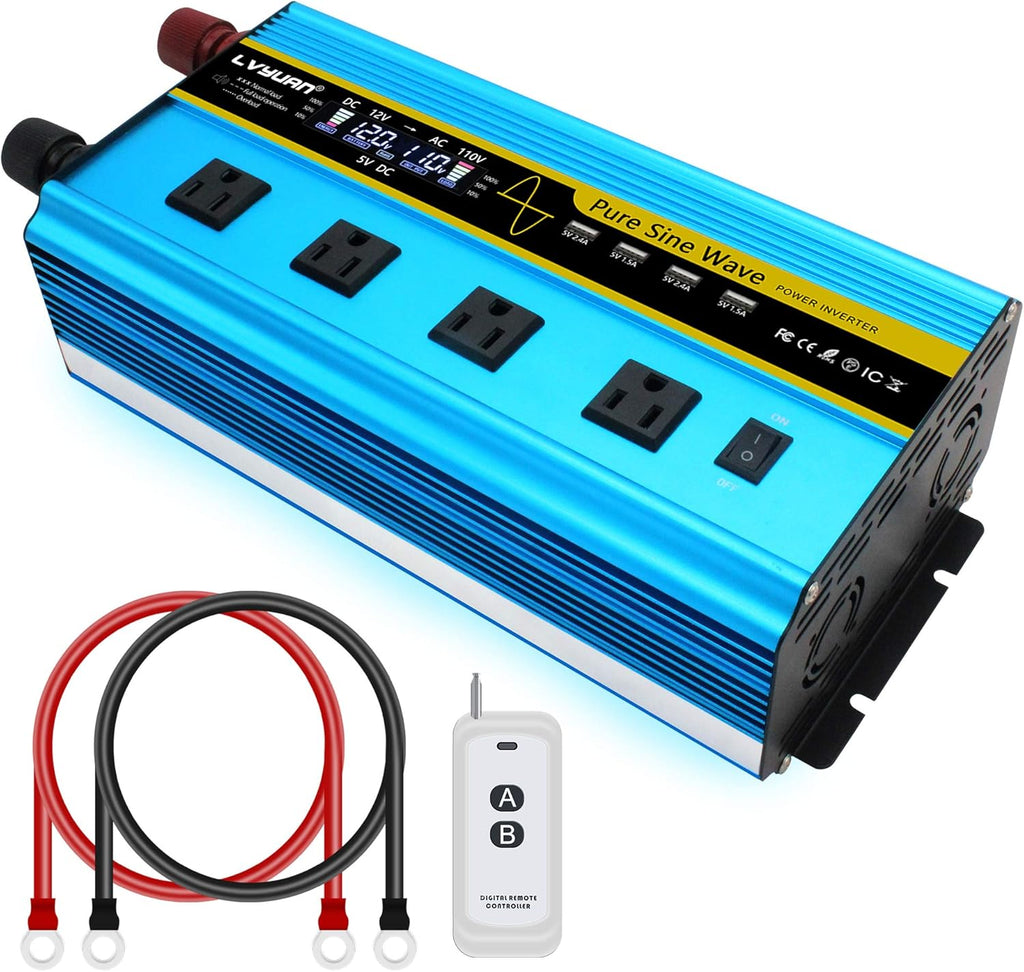 Pure Sine Wave Inverter 2500 Watt 12V to 110V DC to AC with Remote Controller LCD Display 4 AC Sockets 4 USB Charge Ports T525