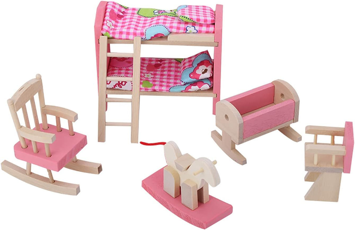 6 Different Rooms Wooden Dollhouse Furniture with Cushion and Towel J9705
