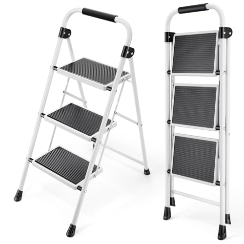 4 Step Folding Steel Step Ladder with Handrails White W653910
