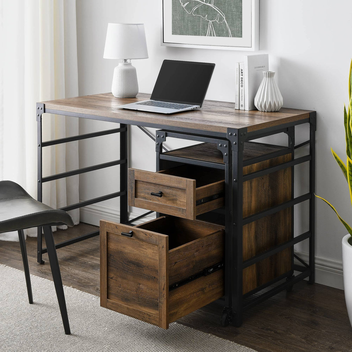 Angle Iron Writing Desk with 2 Drawer Filing Cabinet Reclaimed Barnwood A694157
