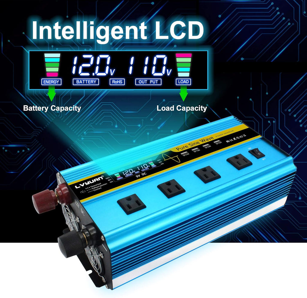 Pure Sine Wave Inverter 2500 Watt 12V to 110V DC to AC with Remote Controller LCD Display 4 AC Sockets 4 USB Charge Ports T525
