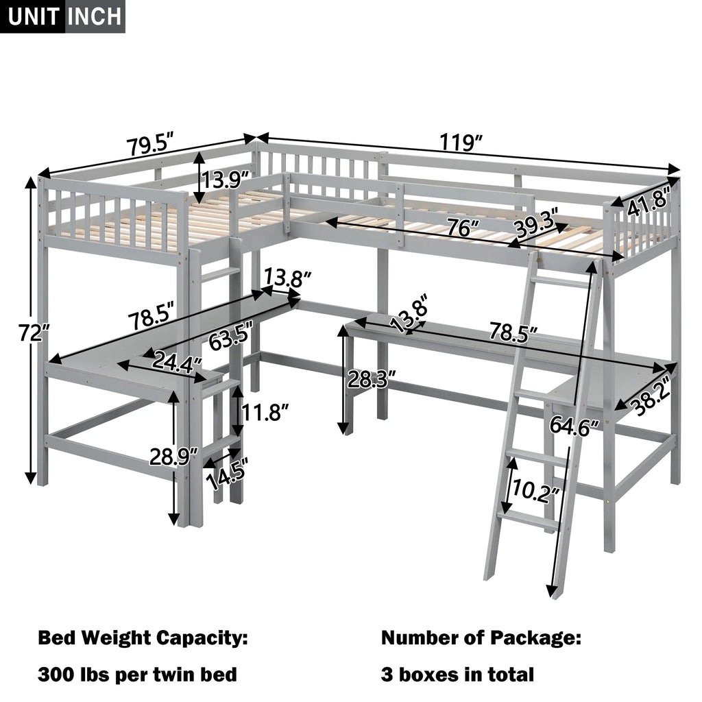 Twin Size L-Shaped Loft Bed with Desk, Ladder and Guardrails L68487