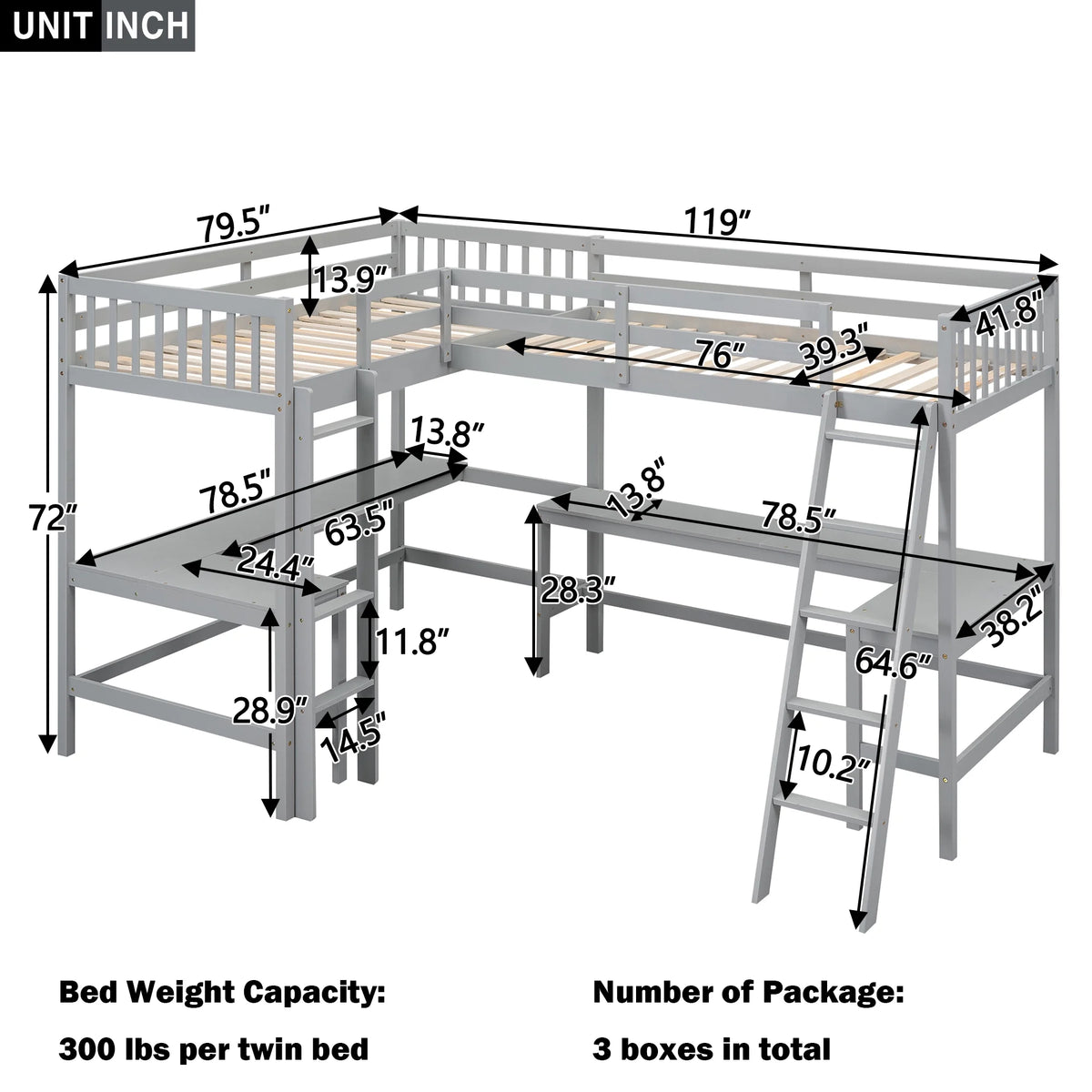 Twin Size L-Shaped Loft Bed with Desk, Ladder and Guardrails L68487