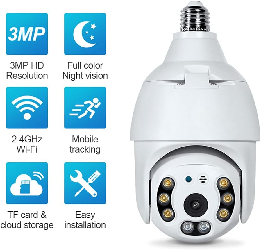 2K 3.0MP Wireless PTZ Security Camera with E27 Light Bulb Connector, Pack of 2 H198541