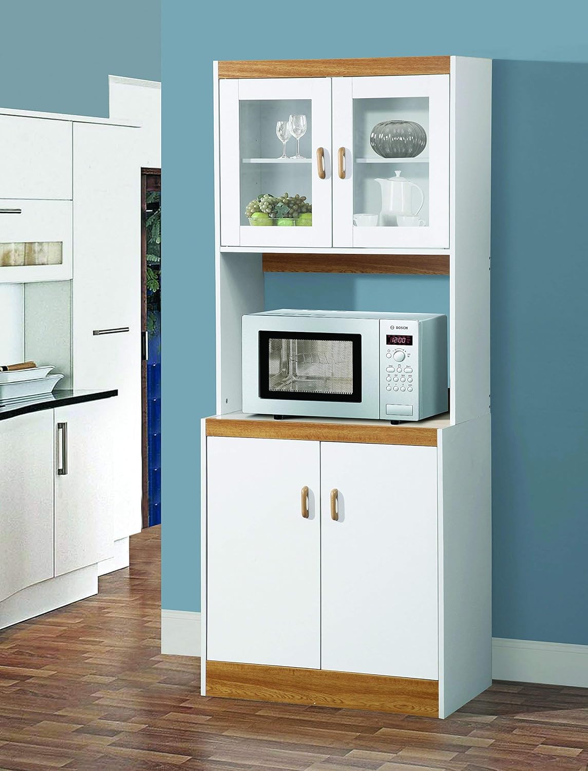 White Tall Kitchen Microwave Cart with Cabinets and Glass Doors F31809
