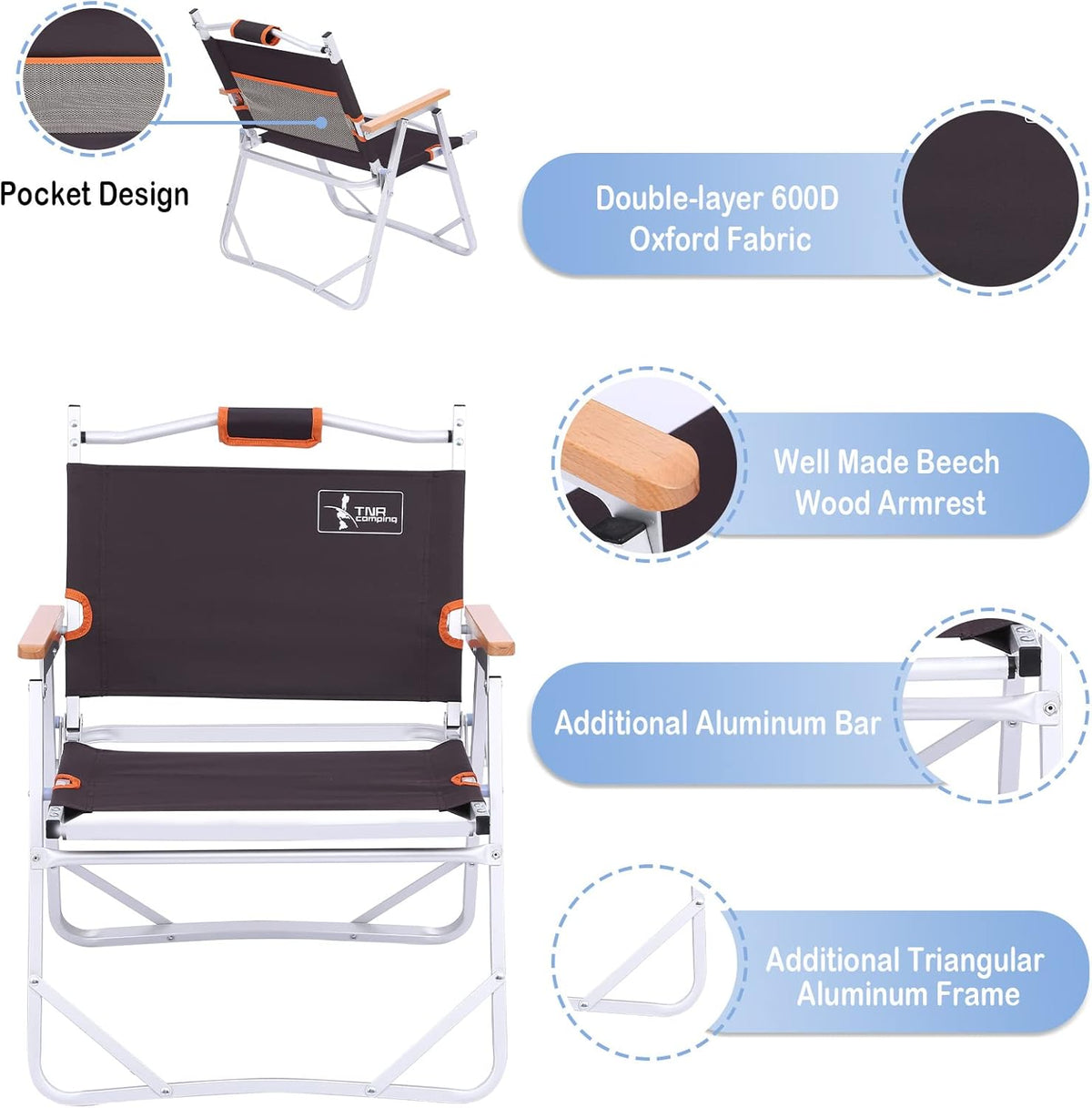 Camping Beach Chair, Heavy Duty Triangular Frame, Easy Folding with Portable Bag and Back Pocket, Dark Brown G79509