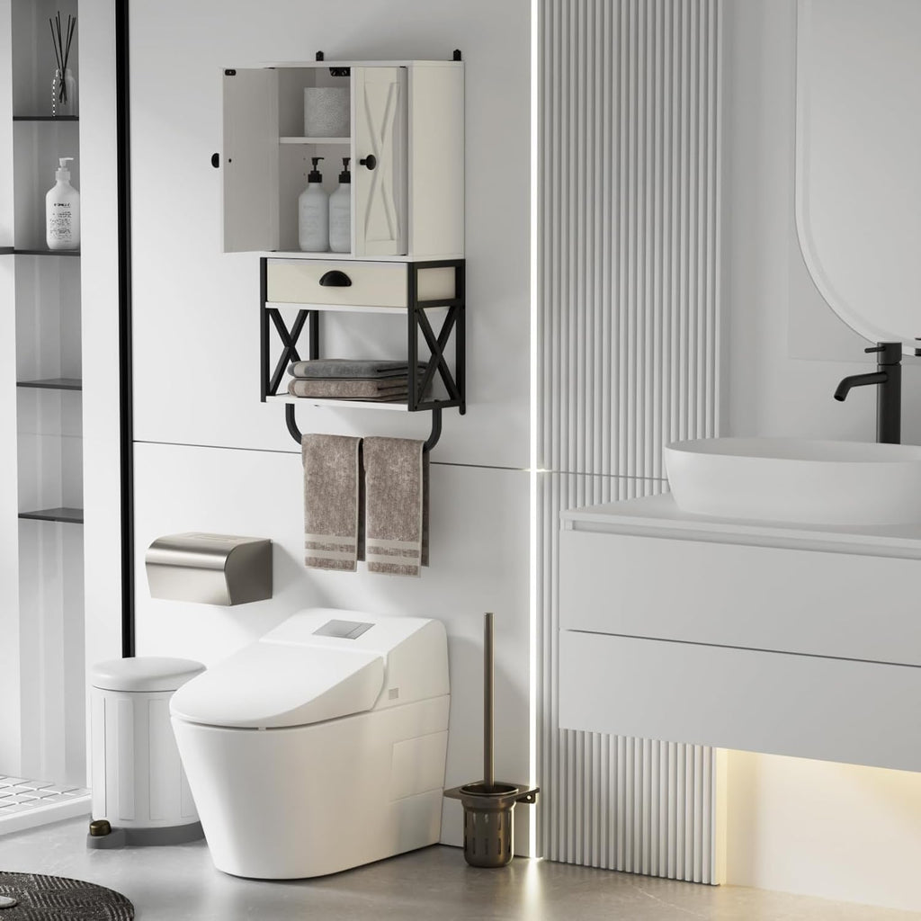 White 3-Tier Wooden Wall Cabinet with 2 Door and Adjustable Shelf F34729
