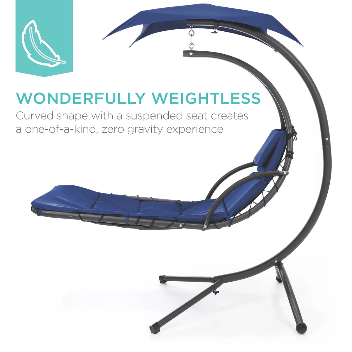 Hanging Curved Chaise Lounge Chair Swing with Pillow, Shade, Stand Navy Blue U9659