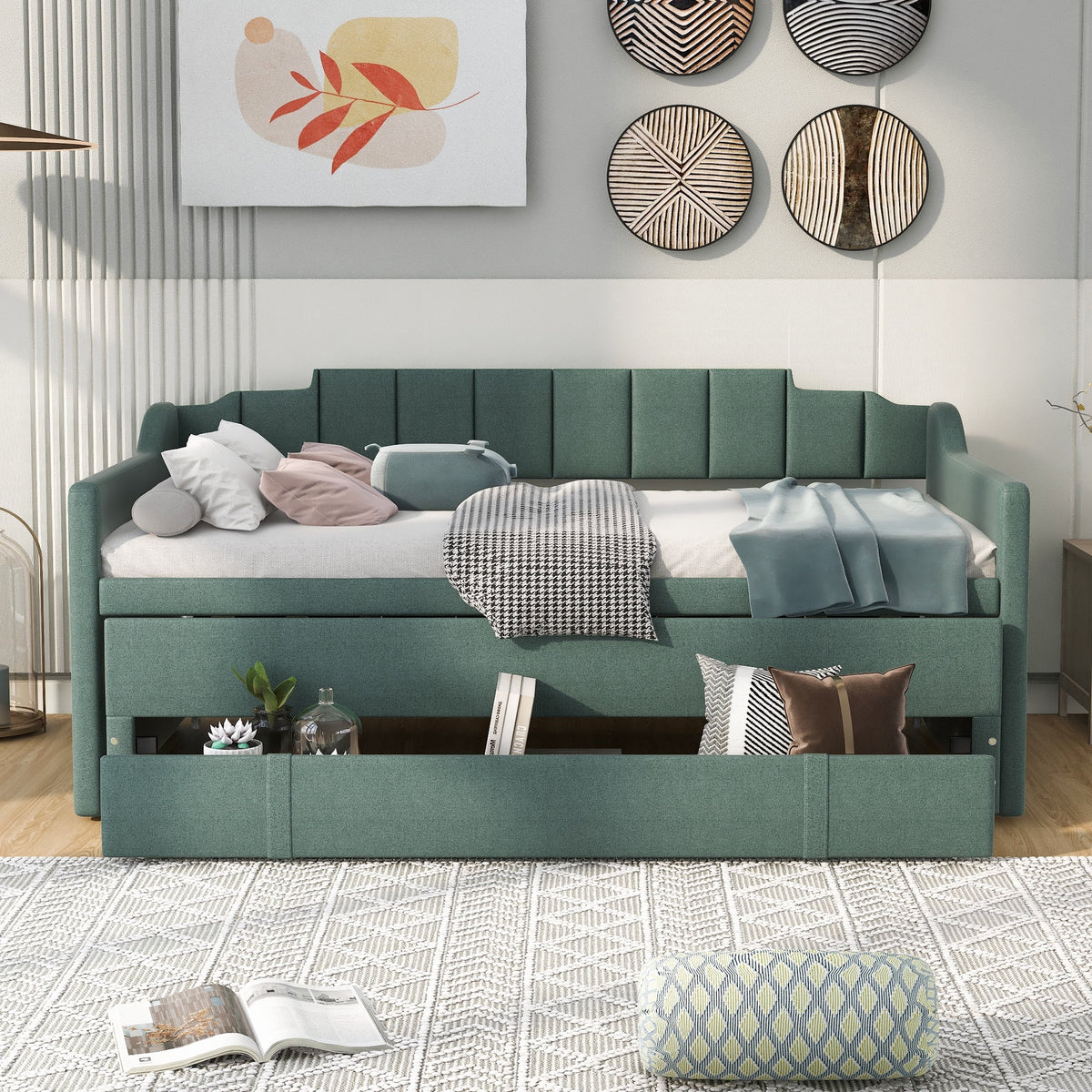 Green Twin Size Upholstered Solid Wood Daybed with Trundle and Three Drawers X8727