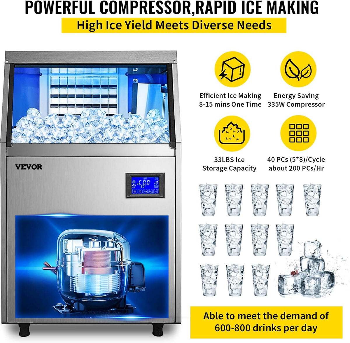 110V Commercial Ice Maker with 33LBS Bin and Electric Water Drain Pump G750978