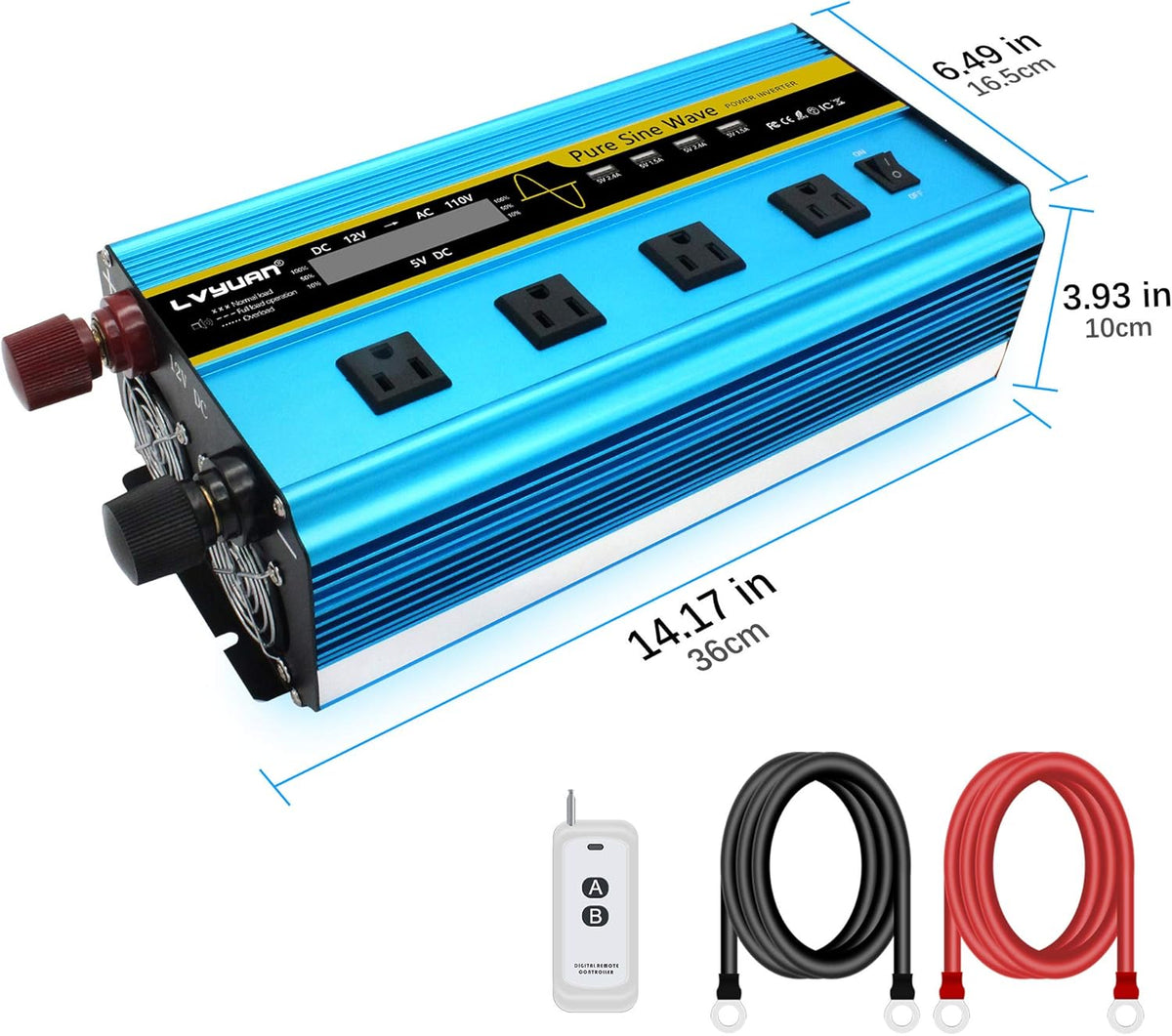 Pure Sine Wave Inverter 2500 Watt 12V to 110V DC to AC with Remote Controller LCD Display 4 AC Sockets 4 USB Charge Ports T525