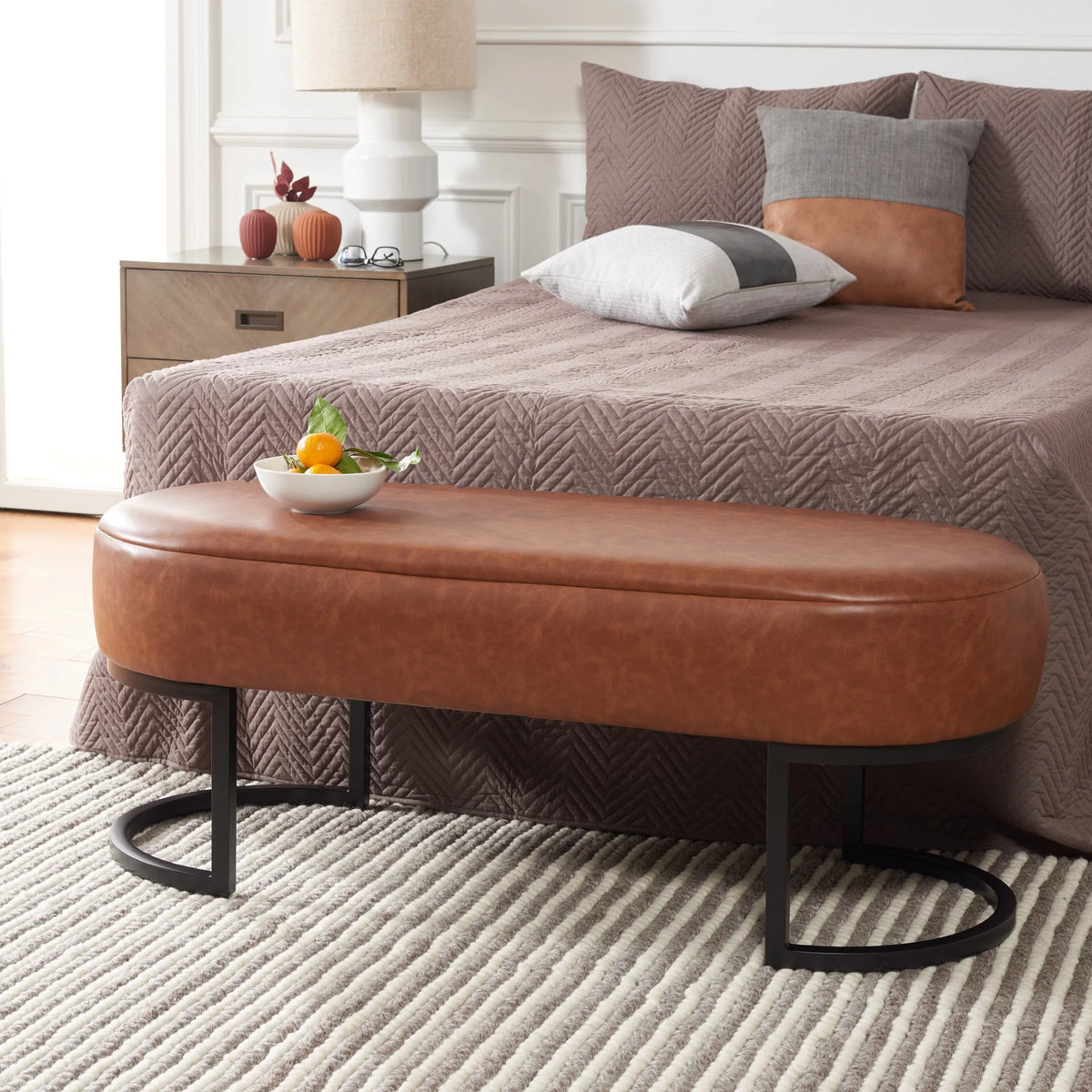 Cognac Leather Oval Bench S480