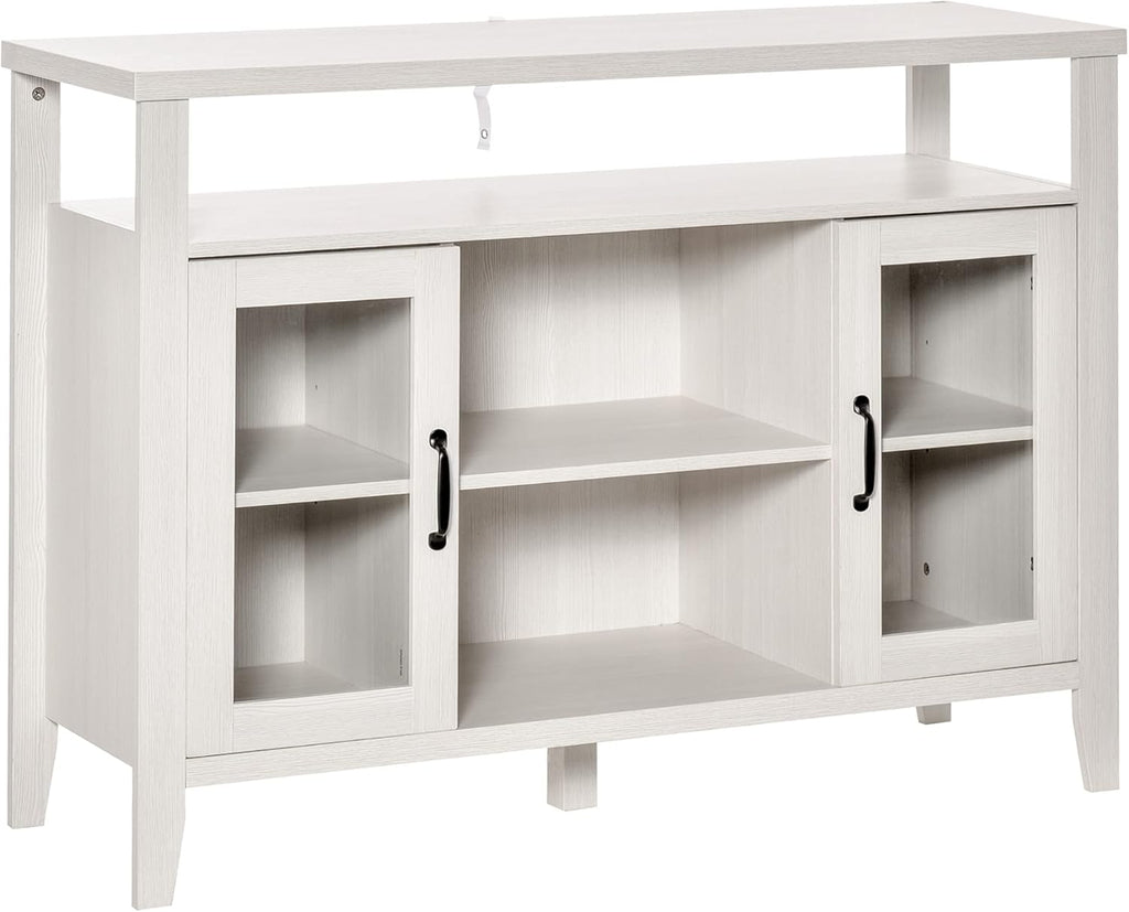 White Retro Style Storage Sideboard with 3 Open Compartments and 2 Framed Glass Door Cabinets E6785