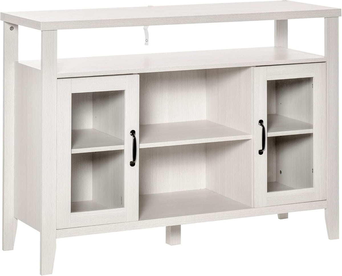 White Retro Style Storage Sideboard with 3 Open Compartments and 2 Framed Glass Door Cabinets E6785