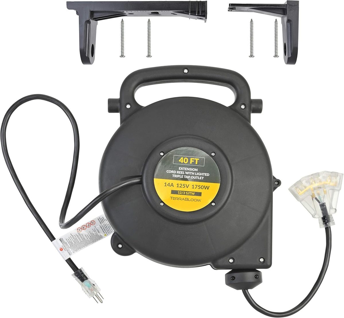 40 Ft 12/3 Retractable Extension Cord Reel with 3 Electrical Outlets Z178373