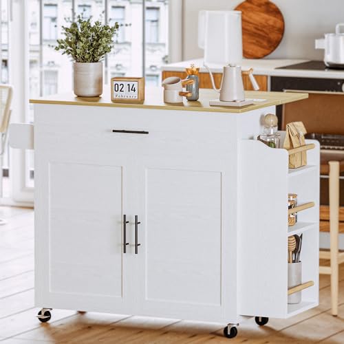 Black Rolling Kitchen Island with Storage and Drop Leaf B988