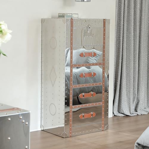 5 Drawers Tall Dresser with Flip Top Mirror Metal Clad Antique Chest I255028