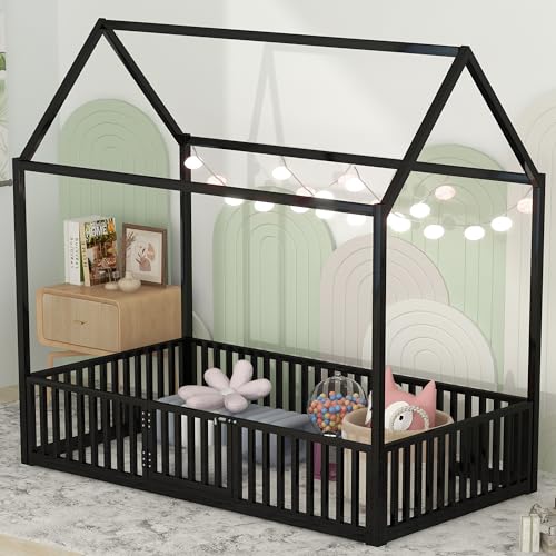 Full Floor Bed with Door and Fence, Metal Montessori Bed Full Size, White F9926